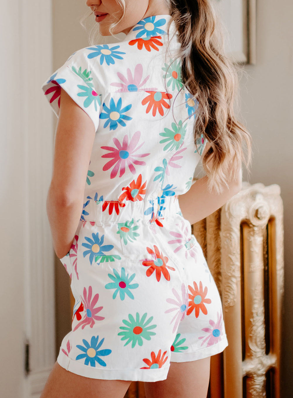 Floral Short Sleeve Buttoned Denim Romper