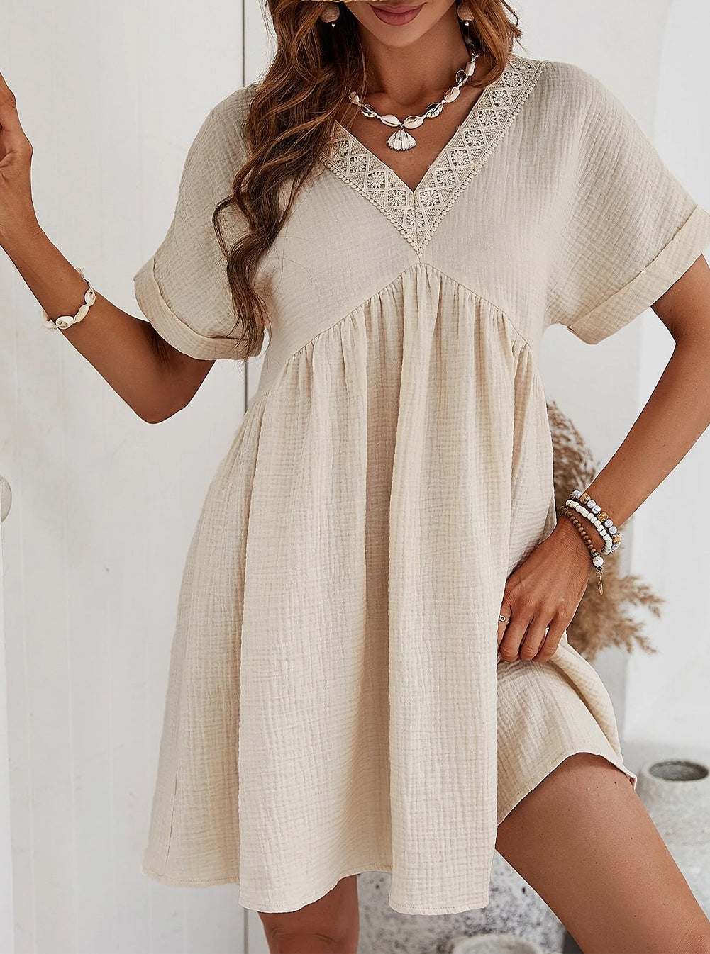 Folded Short Sleeve Lace V Neck Mini Dress