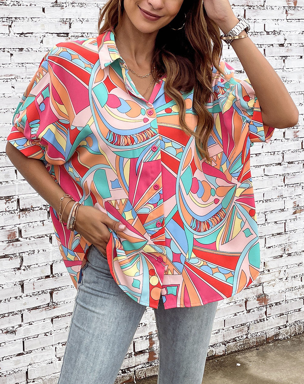 Abstract Geometry Print Half Puff Sleeve Loose Shirt
