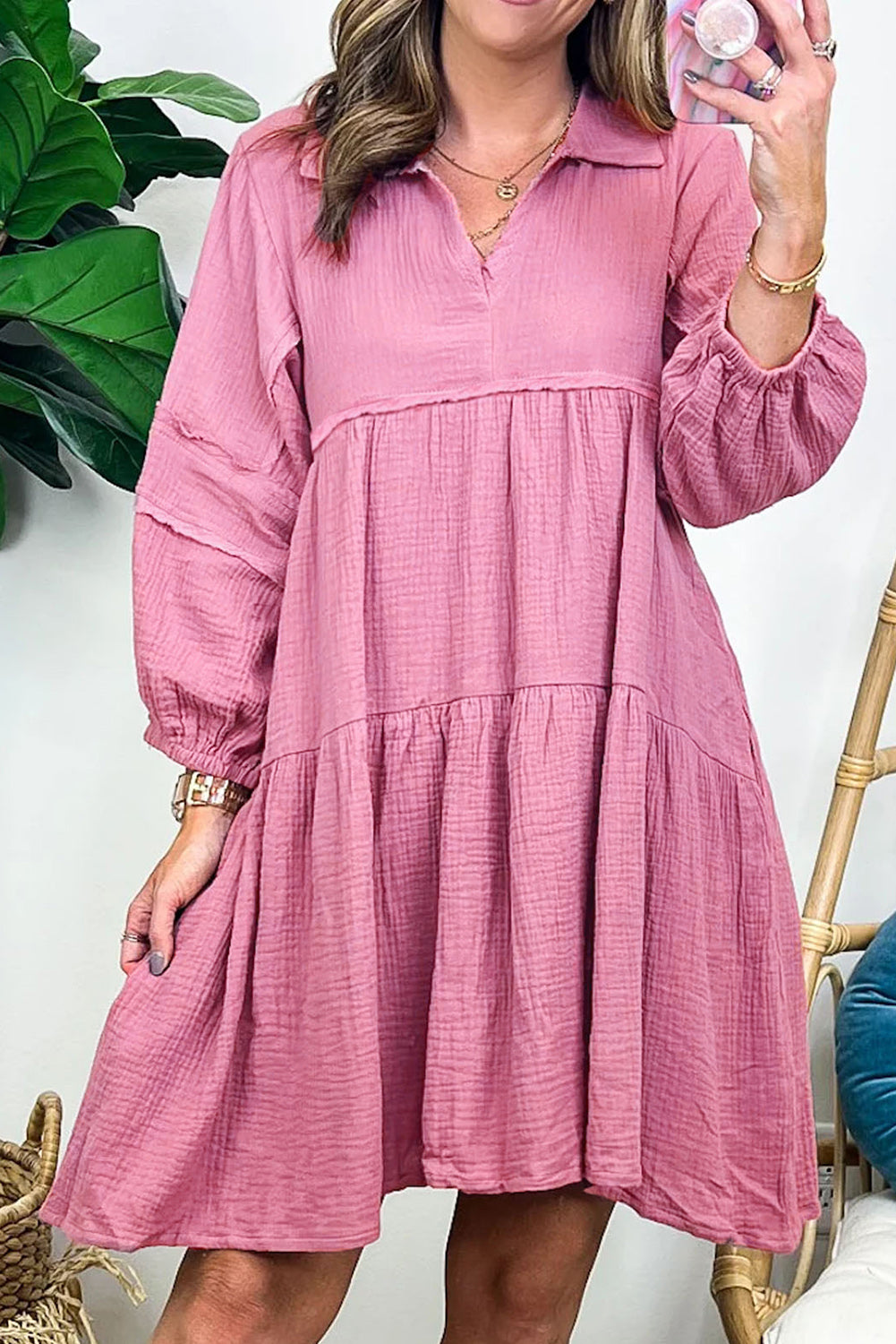 Collared Neck Crinkled Tiered Dress