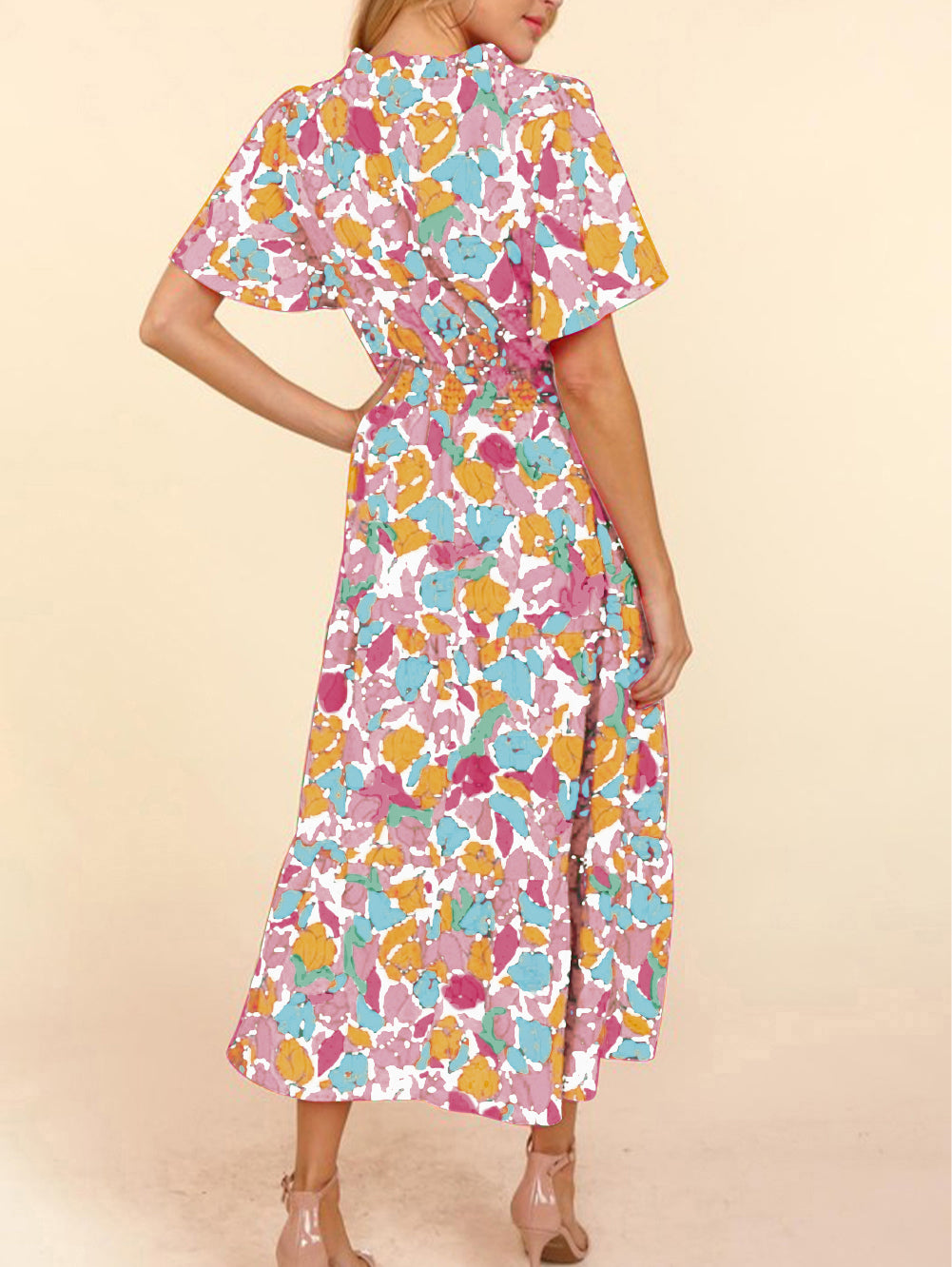 Floral Short Sleeve Smocked Waist Maxi dress