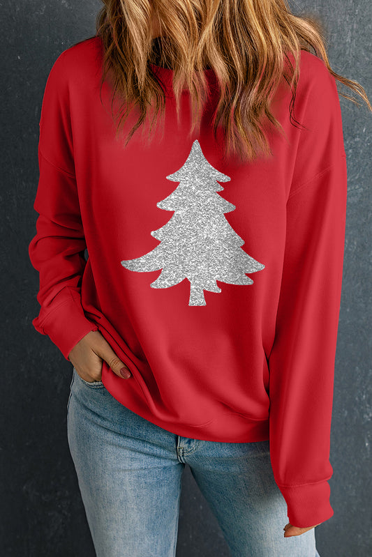 Silver Christmas Tree Printed Drop Shoulder Sweatshirt