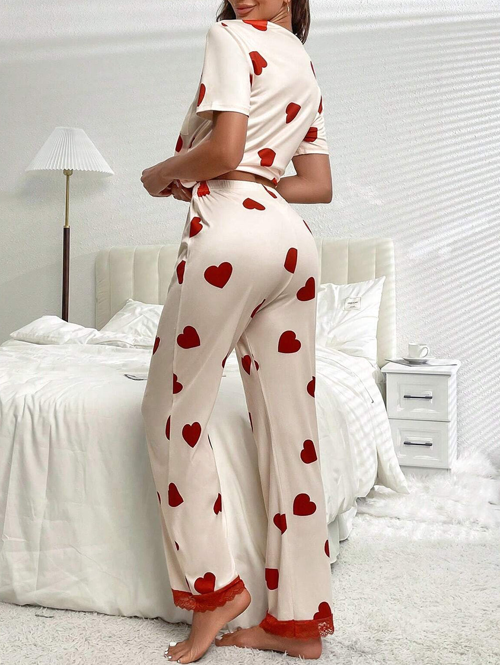 Valentines Heart Print Lace Hem Tee Pants Pajama Set