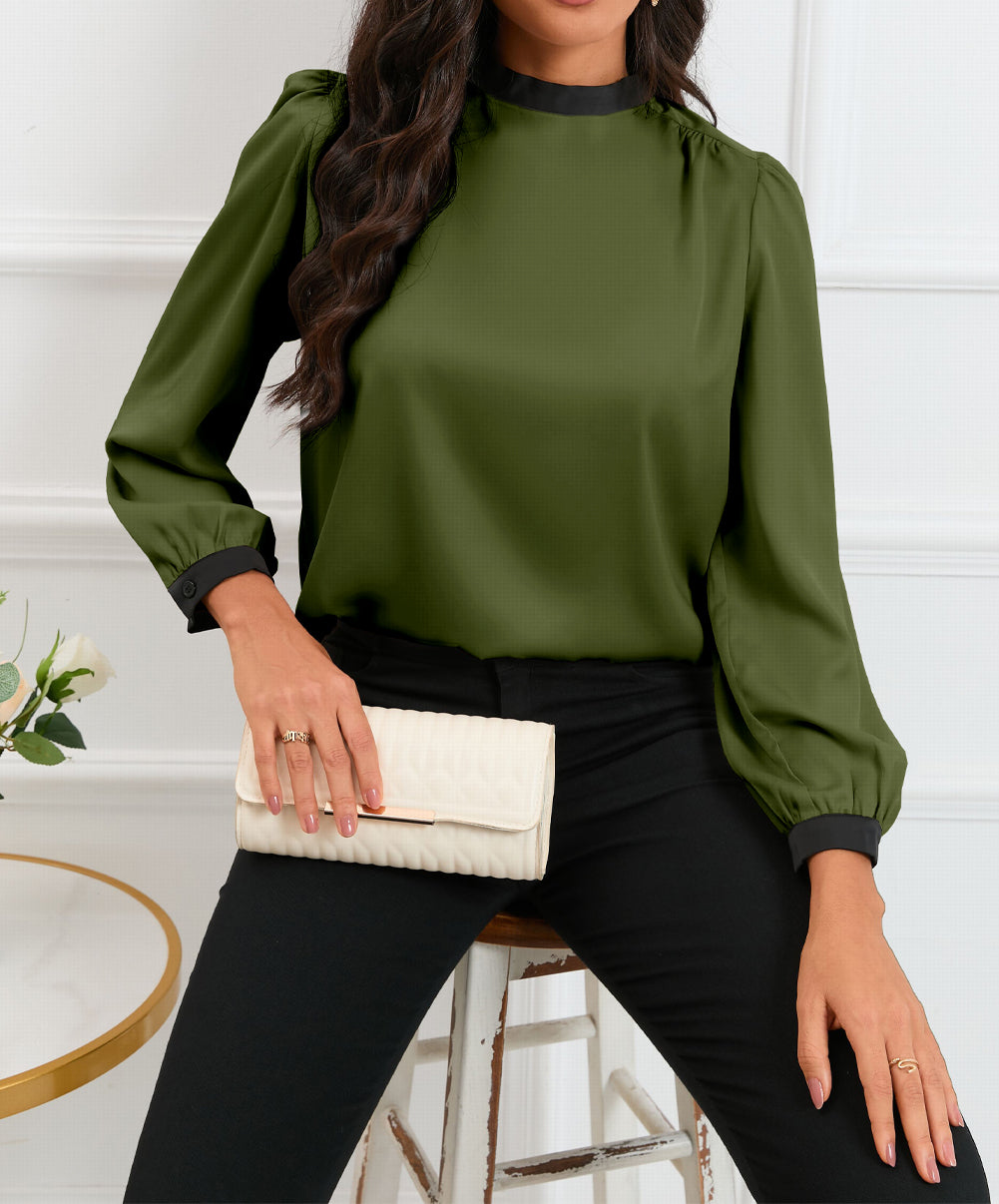 Color Block Bow Back Mock Neck Blouse