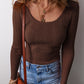 Solid Color Rib Knit U Neck Slim Fit Long Sleeve Top