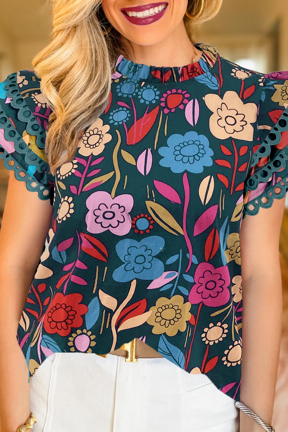 Trimmed Ruffle Sleeve Summer Floral Blouse