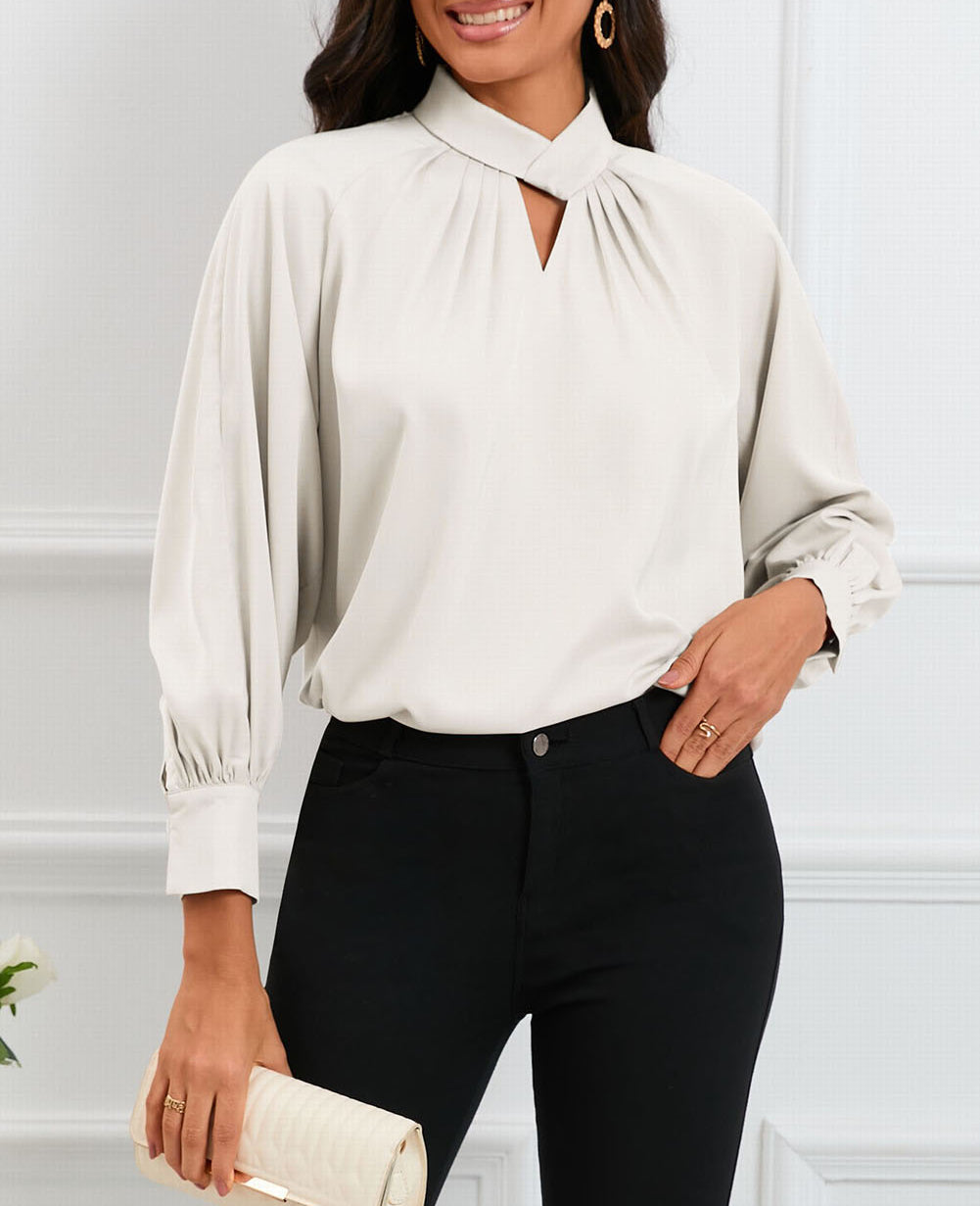 Keyhole Pleated Mock Neck Bishop Sleeve Blouse