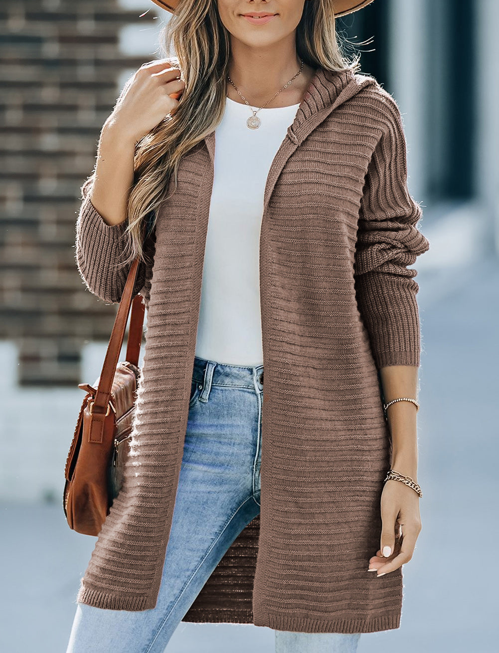 Horizontal Rib Knitted Open Front Hooded Cardigan