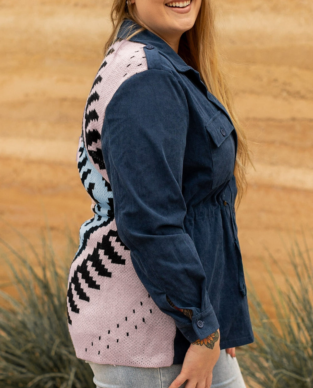 Plus Size Corduroy Jacquard Knit Aztec Back Jacket