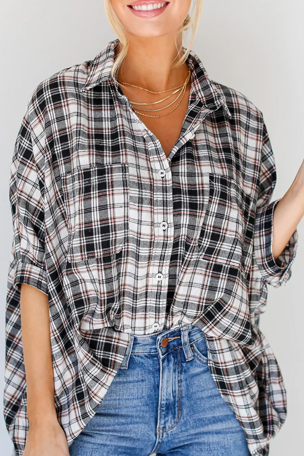 Plaid Print Chest Pockets Oversize Shirt