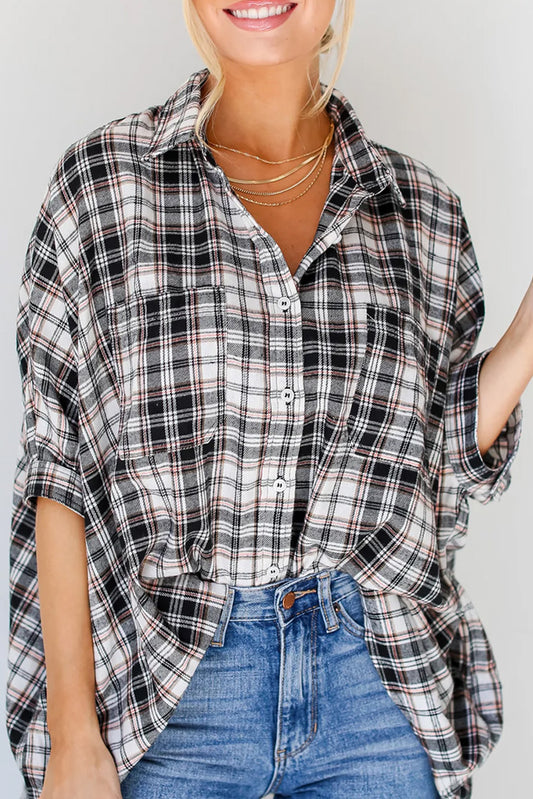 Plaid Print Chest Pockets Oversize Shirt