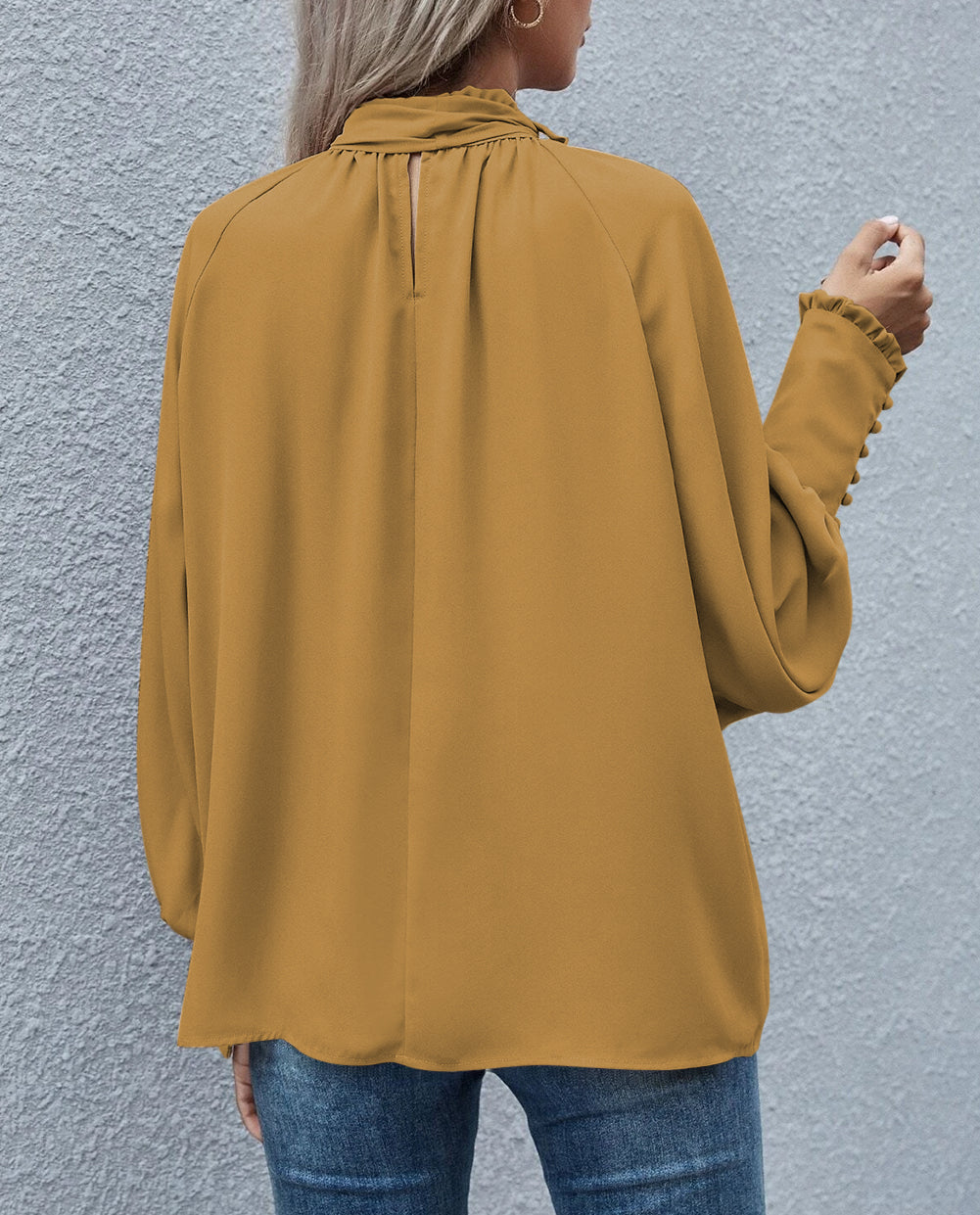 Frilled Knotted Mock Neck Bishop Sleeve Blouse