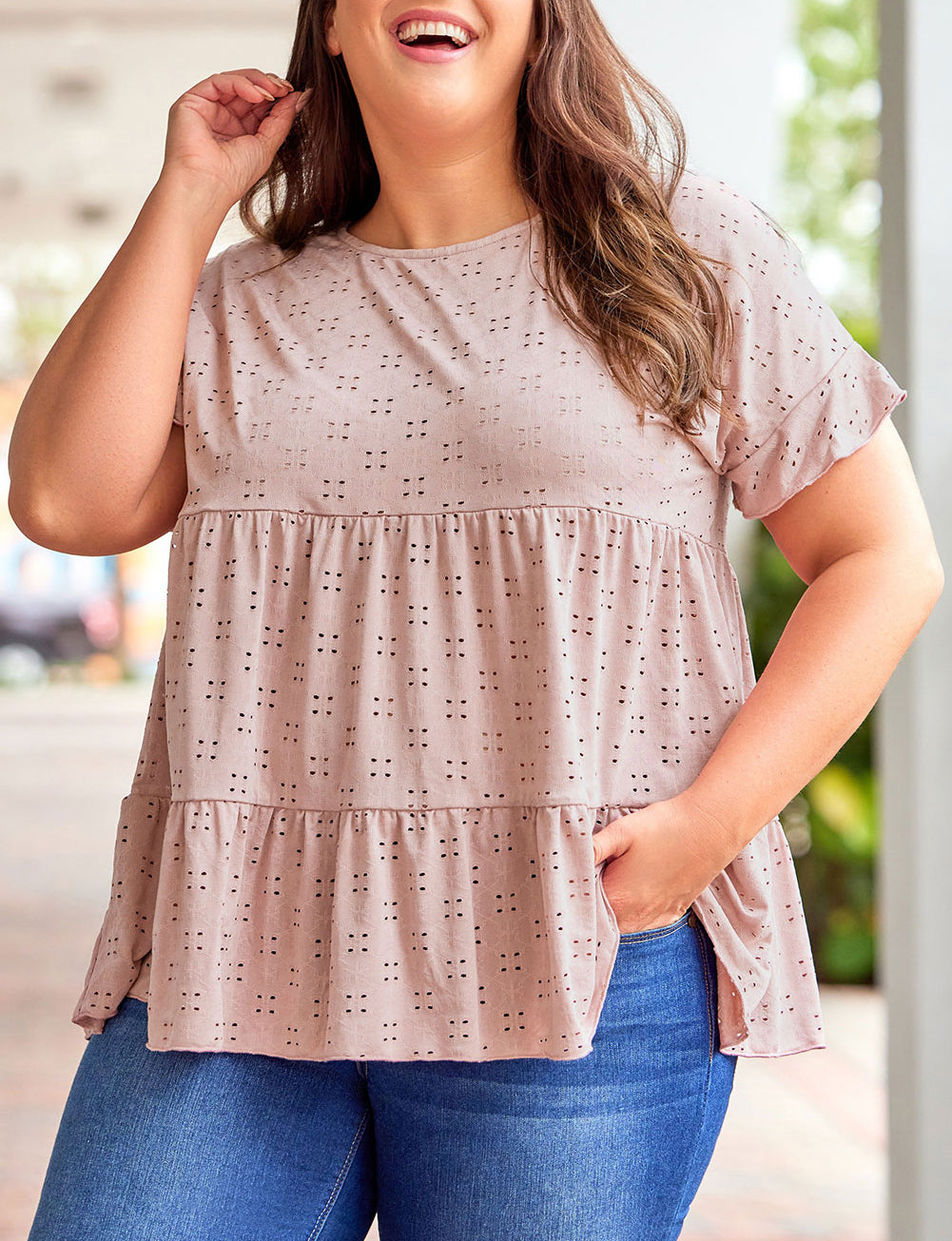 Plus Size Eyelet Pattern Ruffle Sleeve Babydoll Top