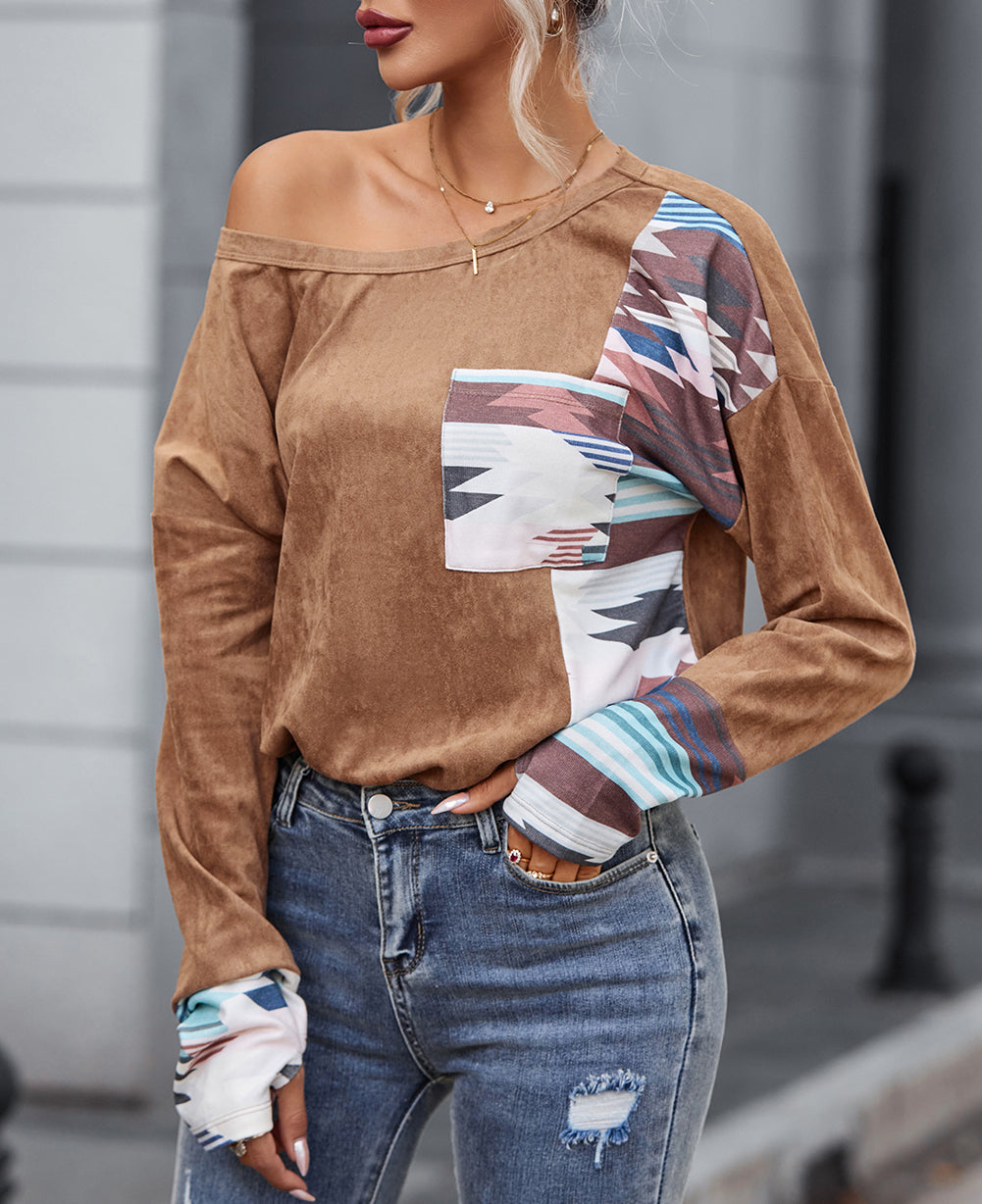 Aztec Print Patchwork Chest Pocket Long Sleeve Top