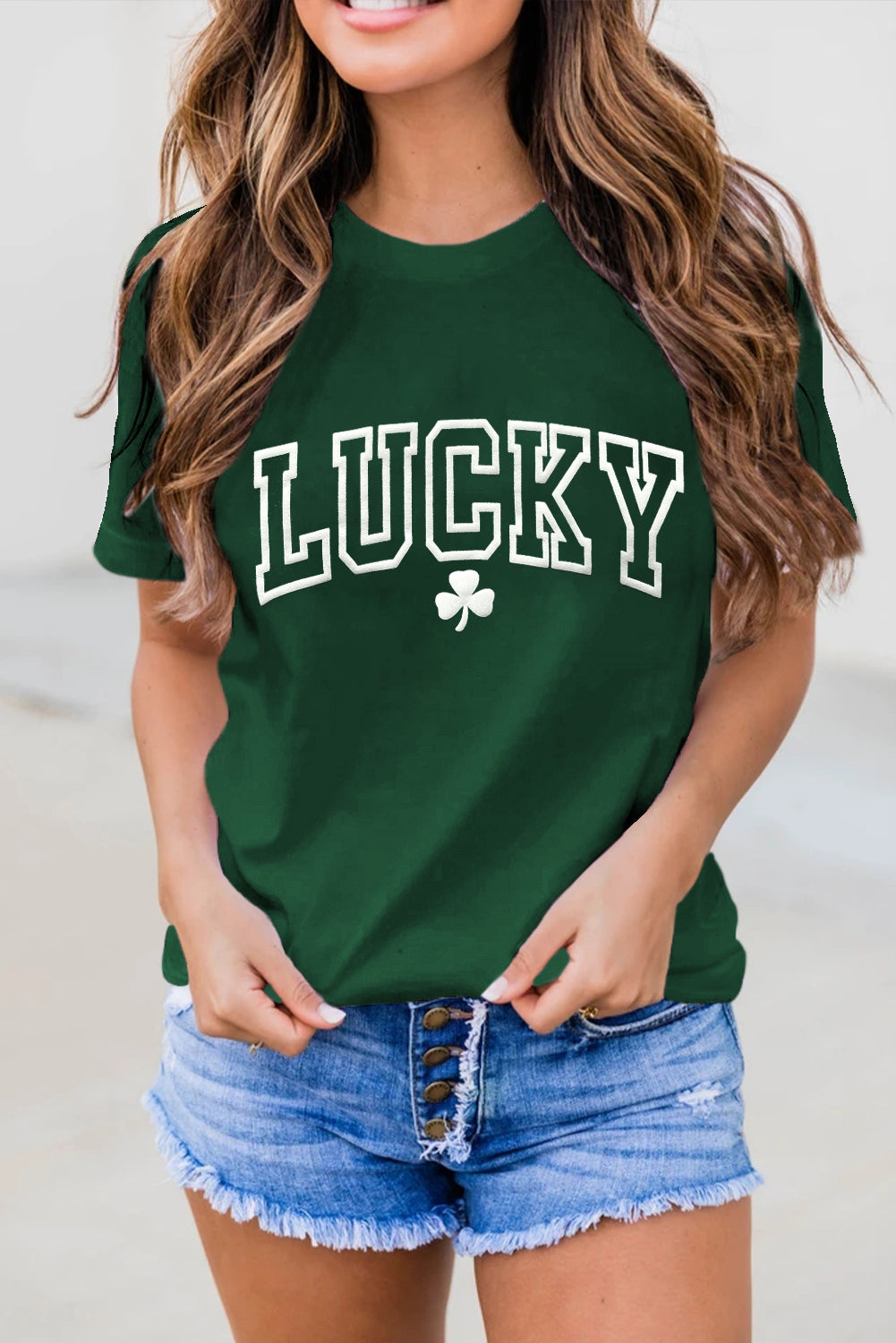 LUCKY Clover Puff Print Round Neck Casual T Shirt