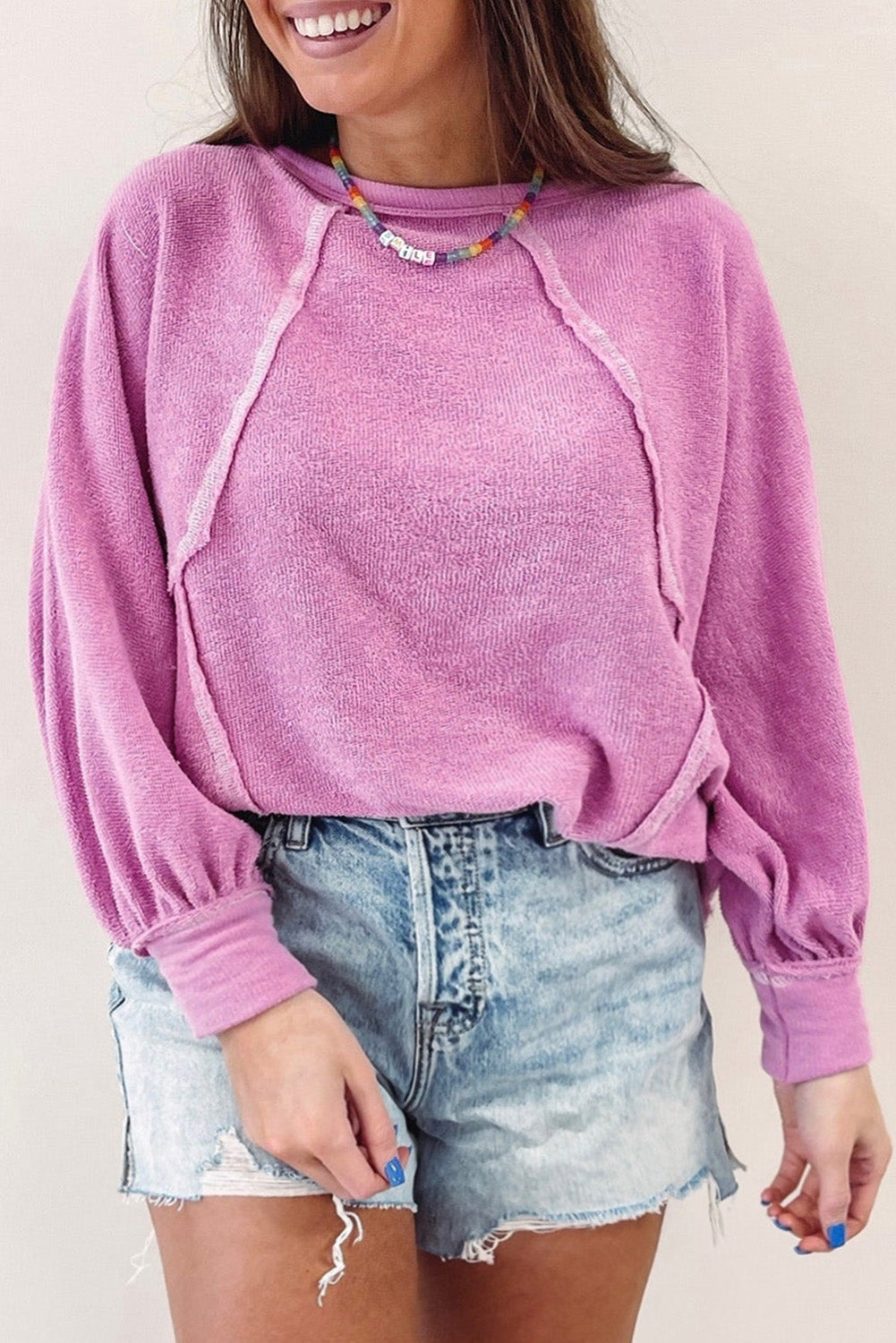 Plus Size Exposed Seam Terry Long Sleeve Top