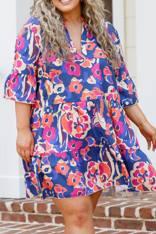 Plus Size Floral Print Ruffled 3/4 Sleeve Mini Dress