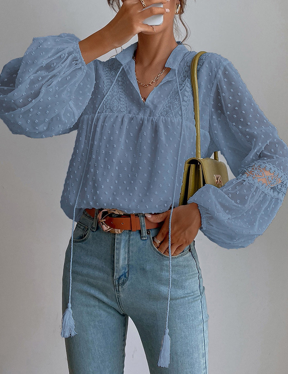 Swiss Dot Drawstring Balloon Sleeve Babydoll Blouse