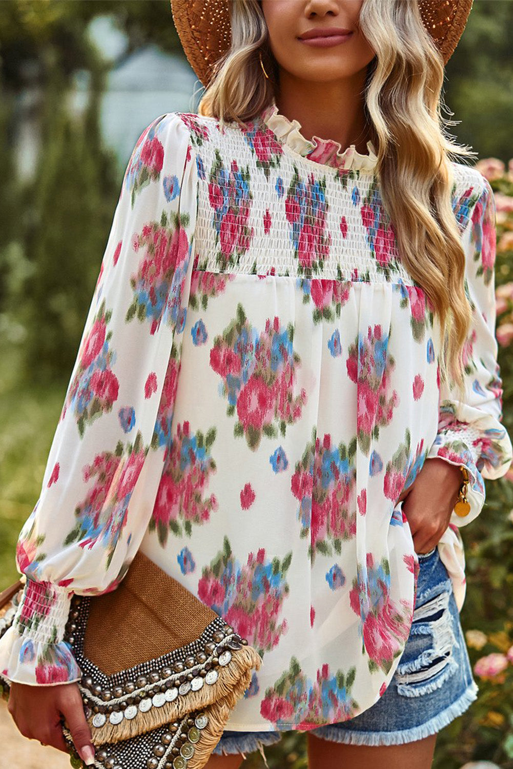 Floral Smocked Long Sleeve Frill High Neck Blouse