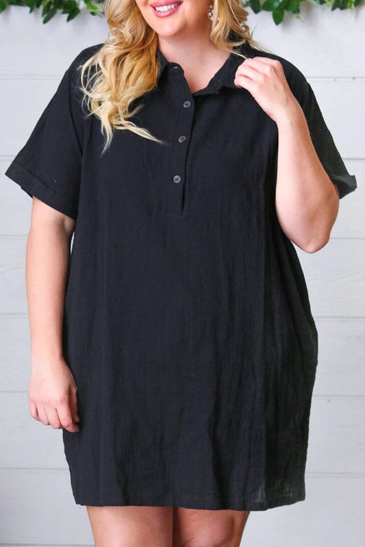 Plus Size Shirt Collar Buttoned Short Sleeve Shift Dress