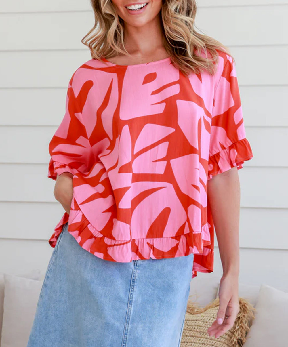 Abstract Palm Printed Ruffled Top and Wide Leg Pants Set