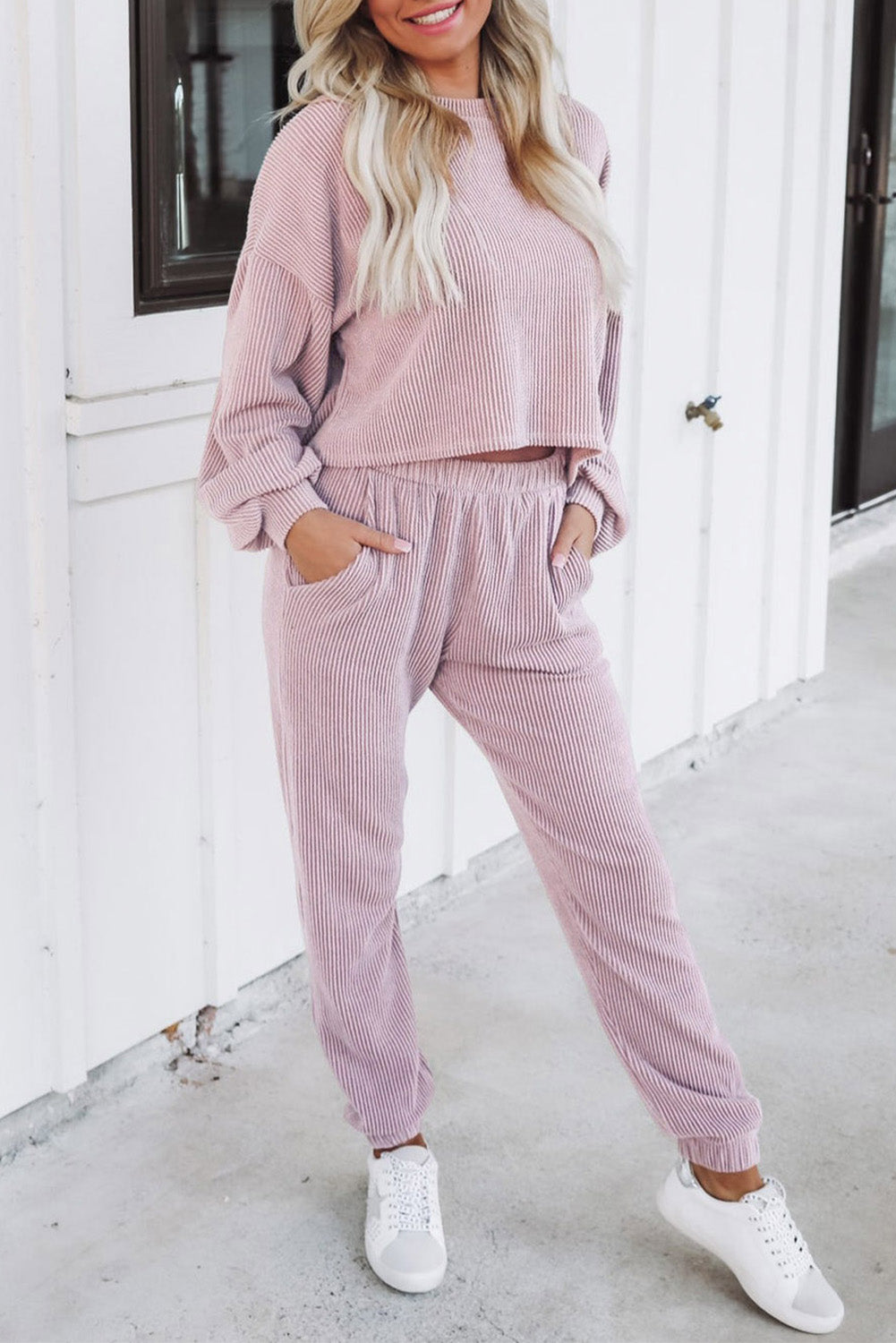 Powder Ribbed Two Piece Pullover and Joggers Lounge Set