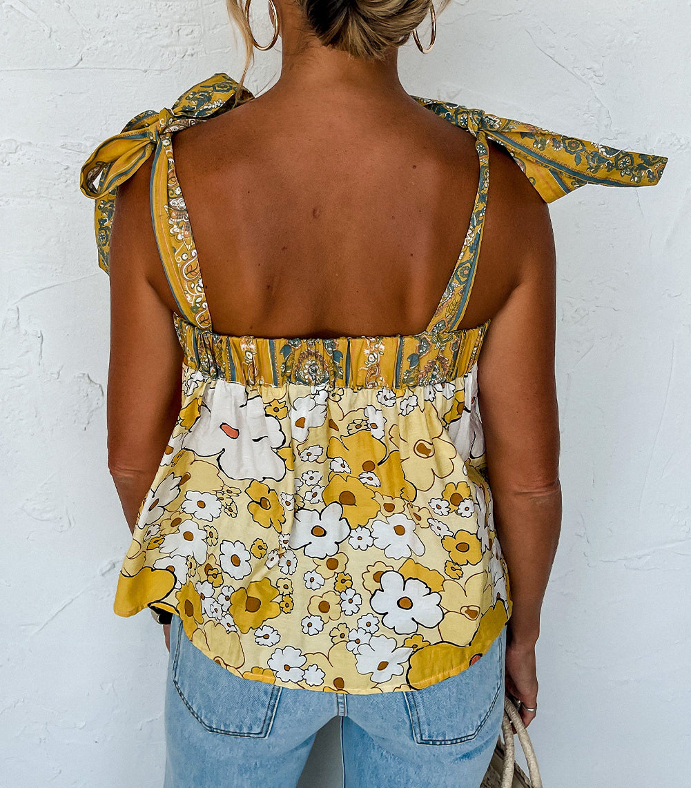 Floral Patchwork Tied Straps Buttoned Tank Top