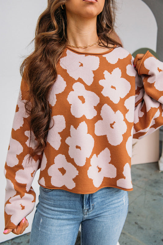 Floral Pattern Crew Neck Long Sleeve Loose Sweater