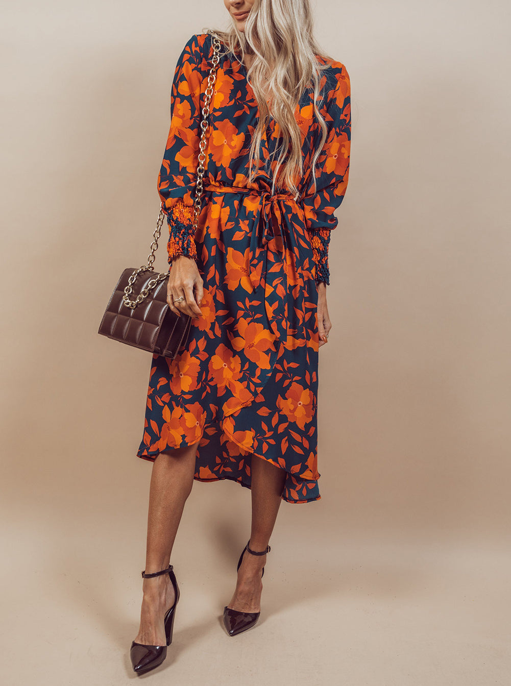 Floral Print Faux Wrap Belted Dress