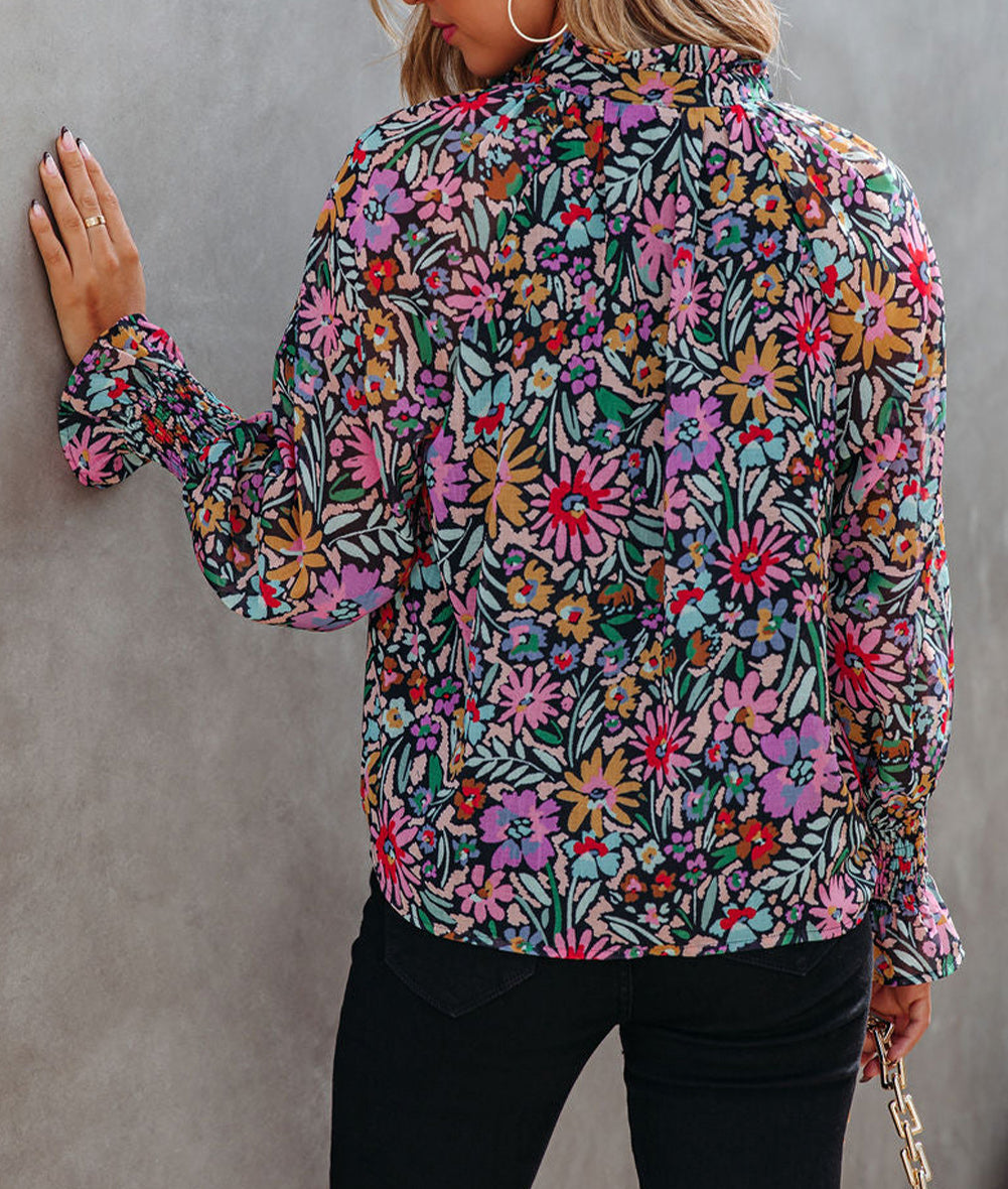 Floral Print Ruffled Long Sleeve V-Neck Blouse