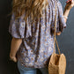 Floral Tassel Tie Split Neck Bubble Sleeve Blouse
