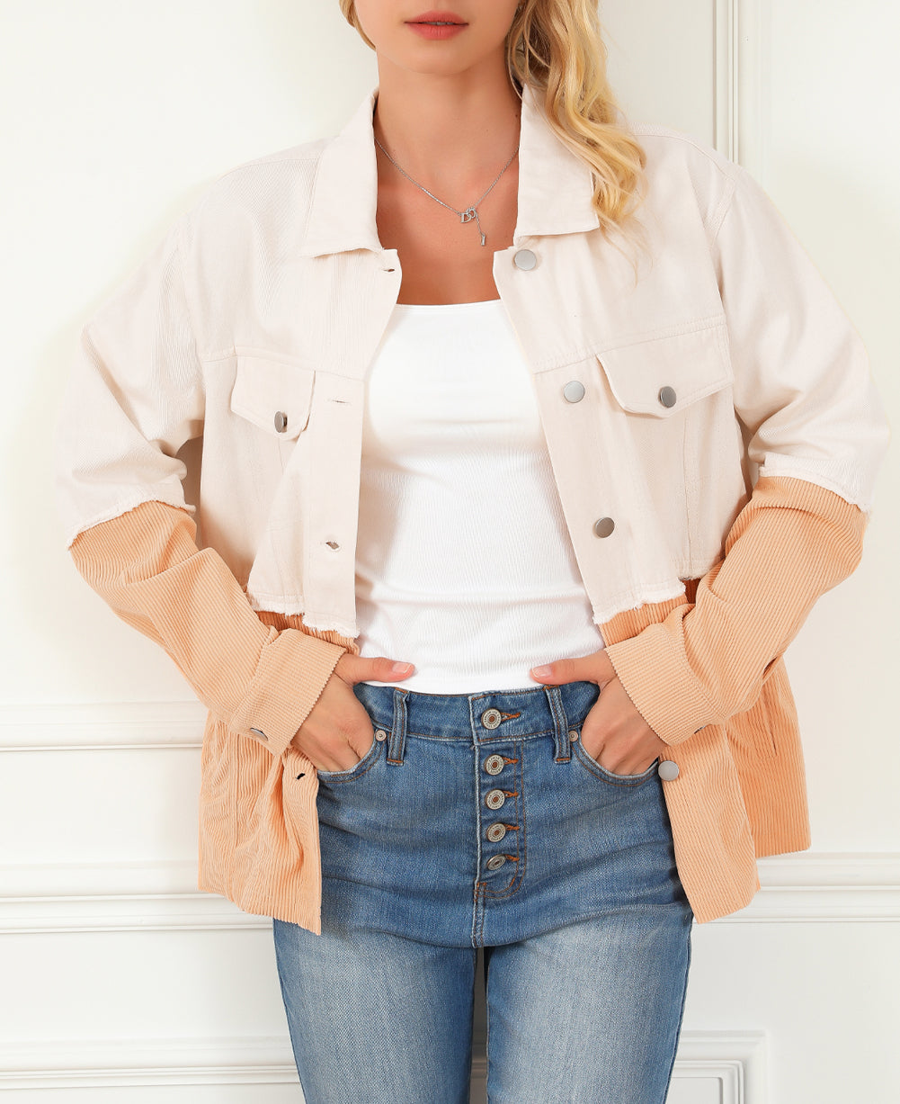 Two Toned Colorblock Cord Chambray Flap Pockets Jacket