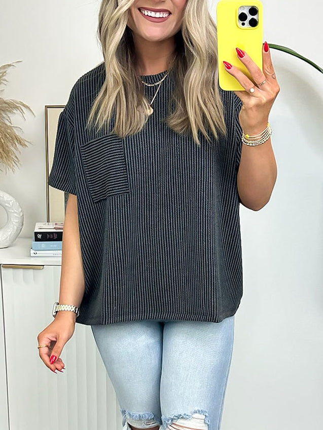 Corded Knit Pocketed Loose Fit T Shirt