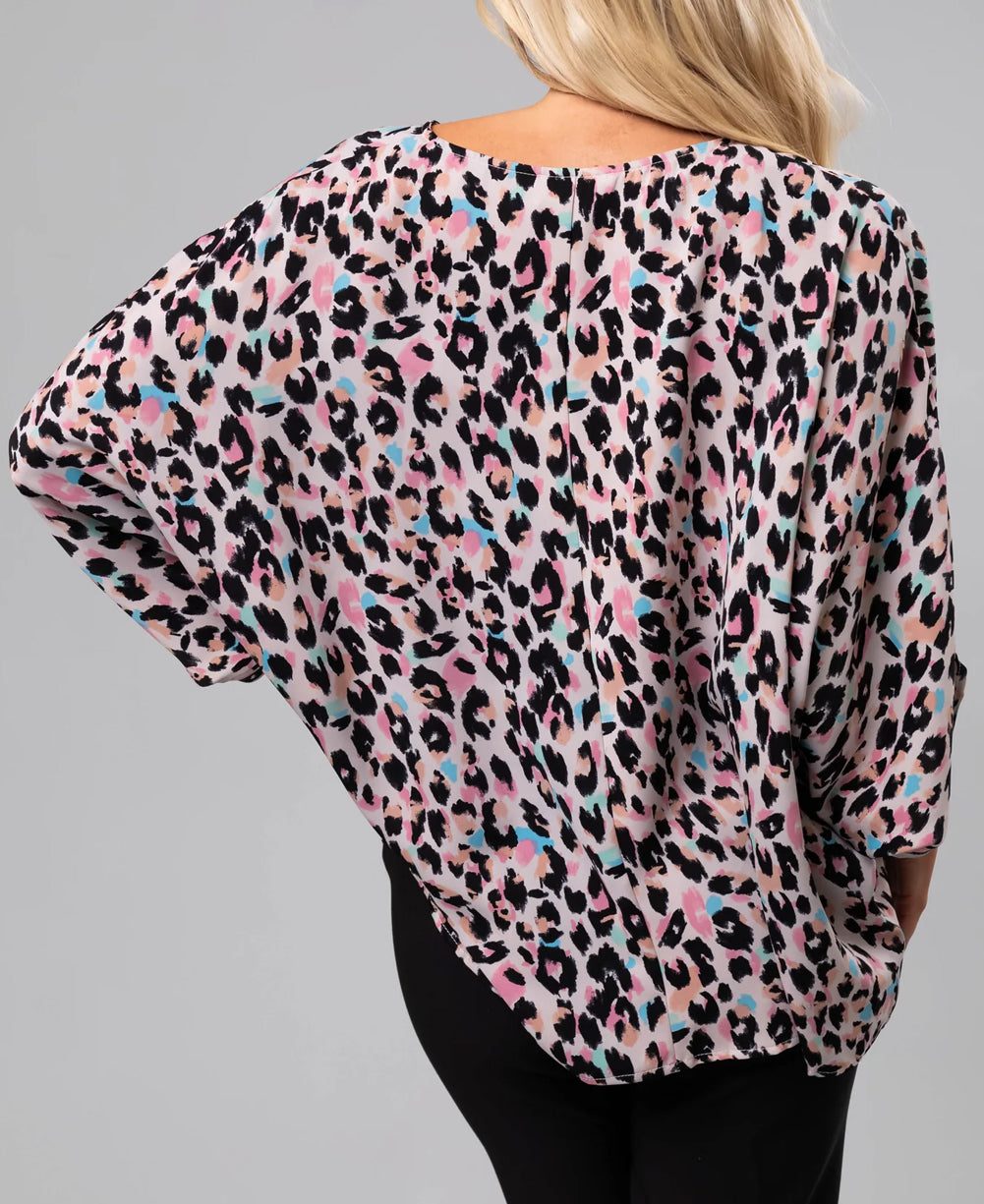Leopard Print V Neck Batwing Sleeve Plus Size Top