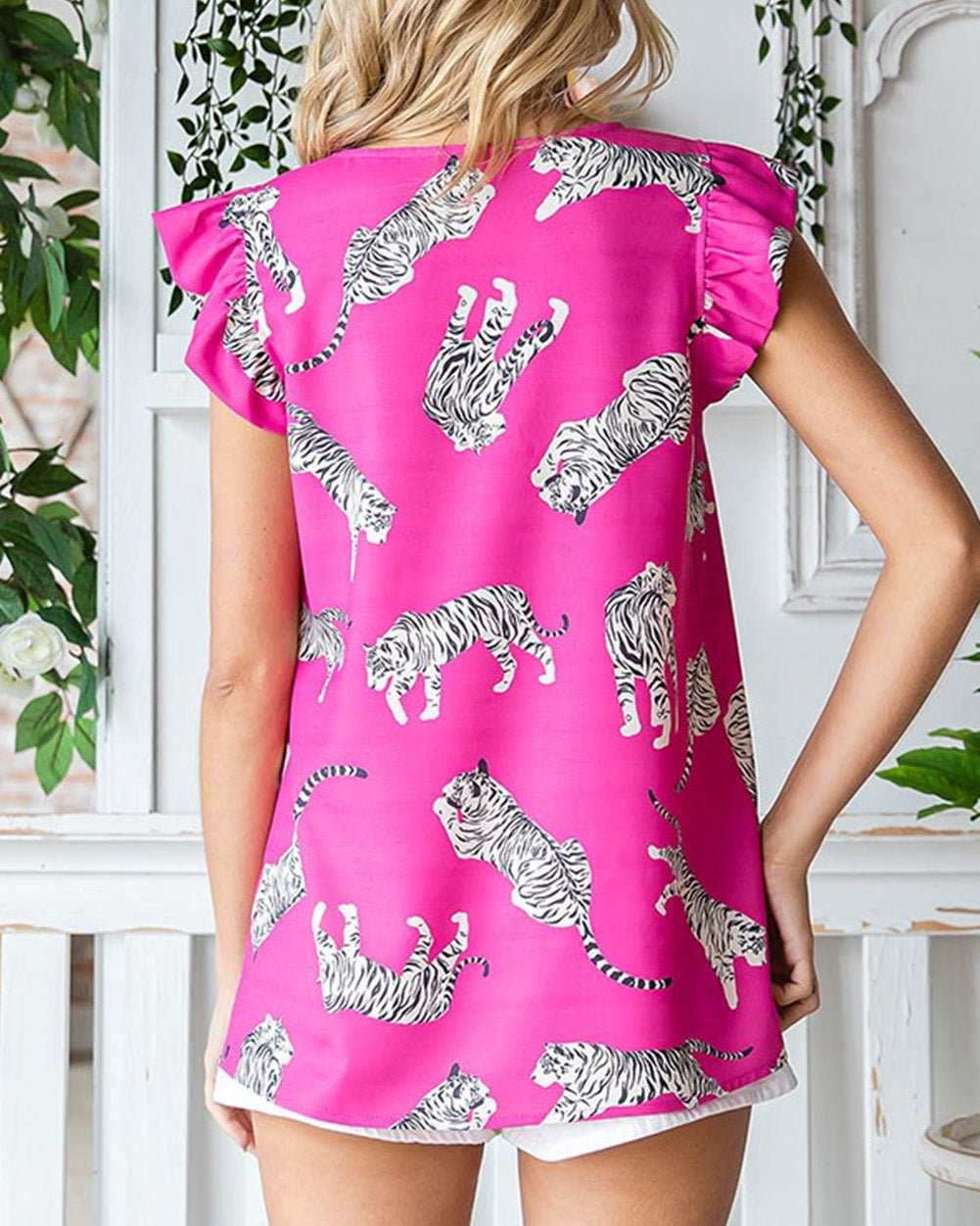Tiger Pattern Flutter Sleeve Crew Neck Blouse
