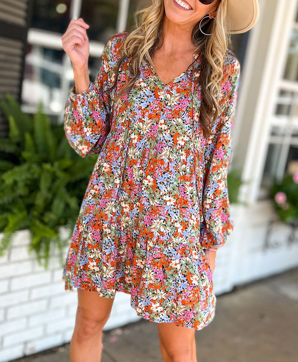 Floral Neck Tie Long Sleeve Flared Dress