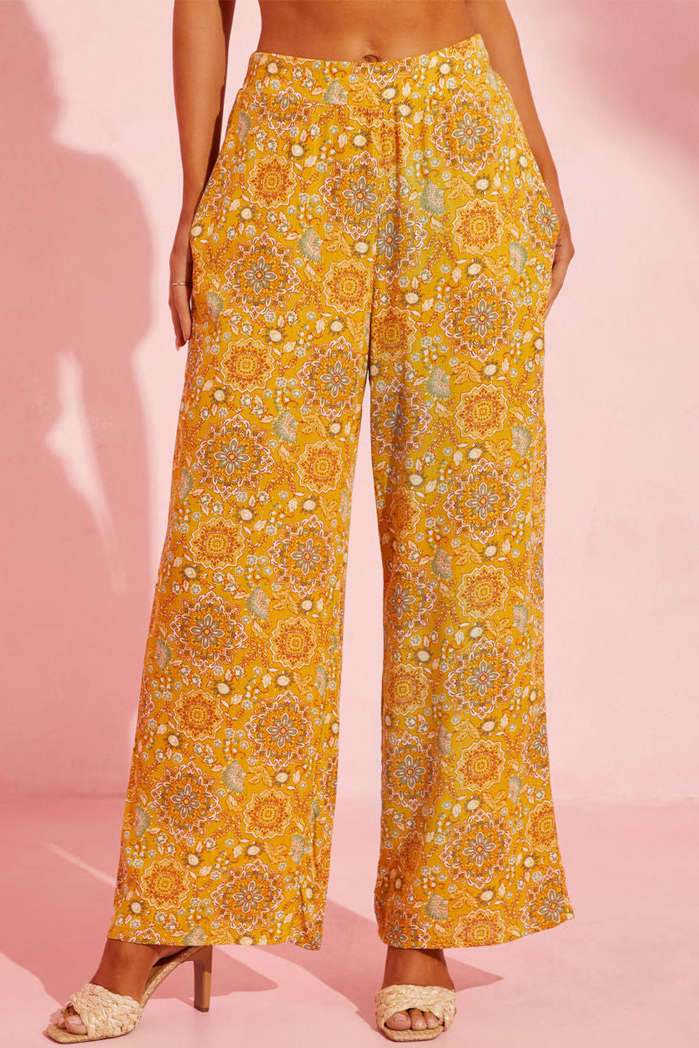 Bohemian Floral Print Pocketed Wide Leg Pants