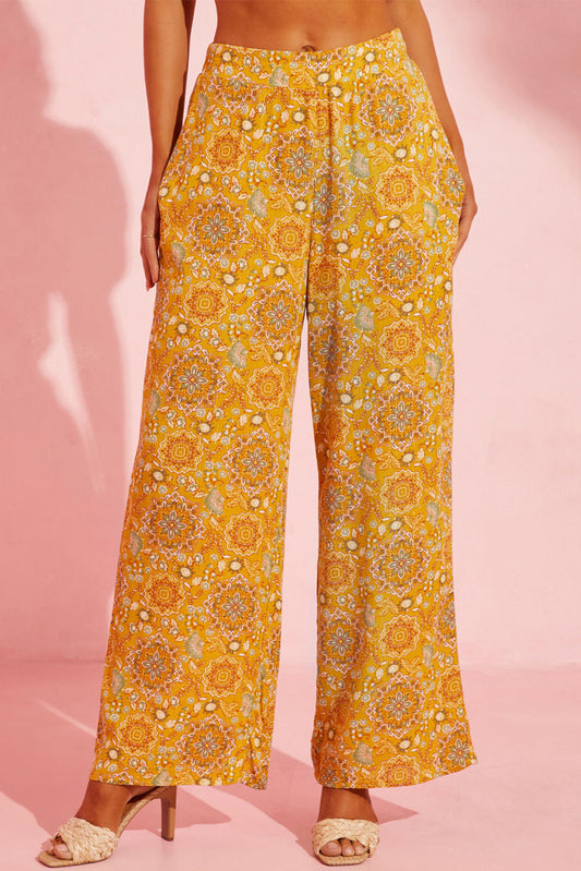 Bohemian Floral Print Pocketed Wide Leg Pants