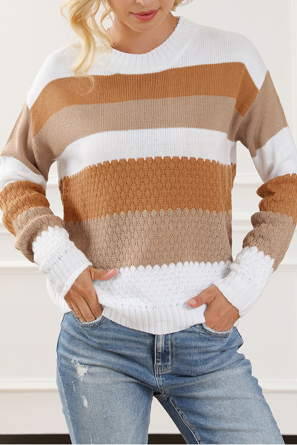 Stripe Cable Knit Drop Shoulder Sweater