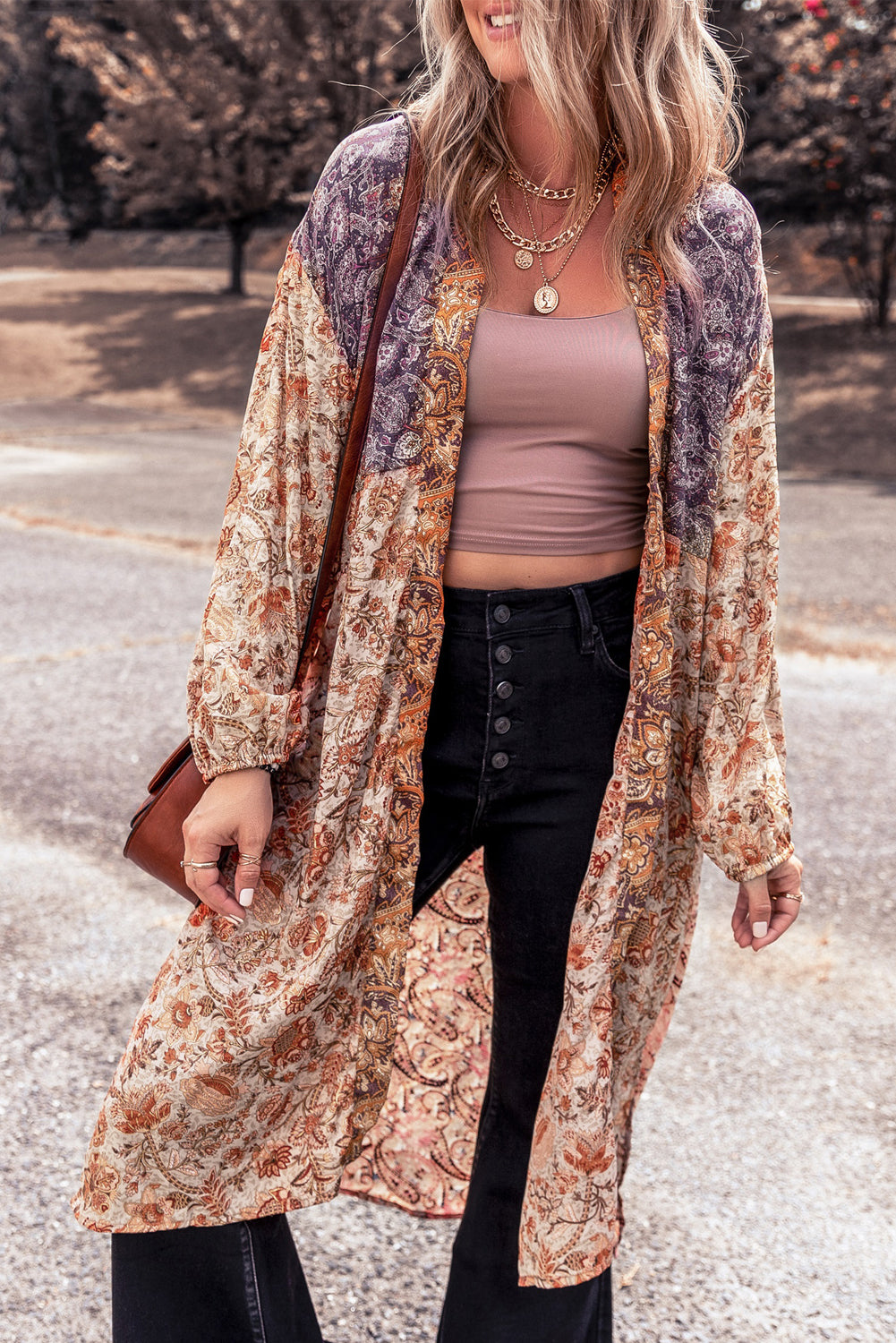 Bubble Sleeve Floral Print Open Front Top