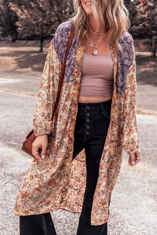 Bubble Sleeve Floral Print Open Front Top