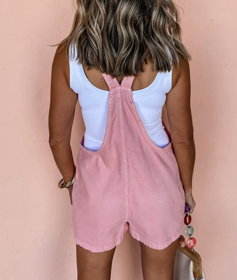 Solid Color Knot Straps Denim Romper with Pockets