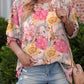 Shirred Cuff 3/4 Sleeve Loose Fit Floral Blouse
