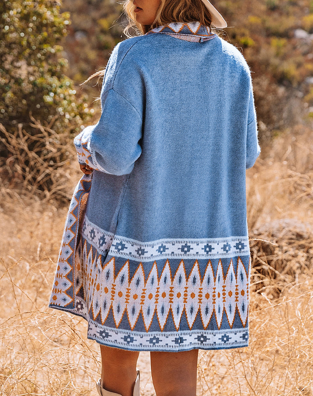 Aztec Print Open Front Knitted Cardigan