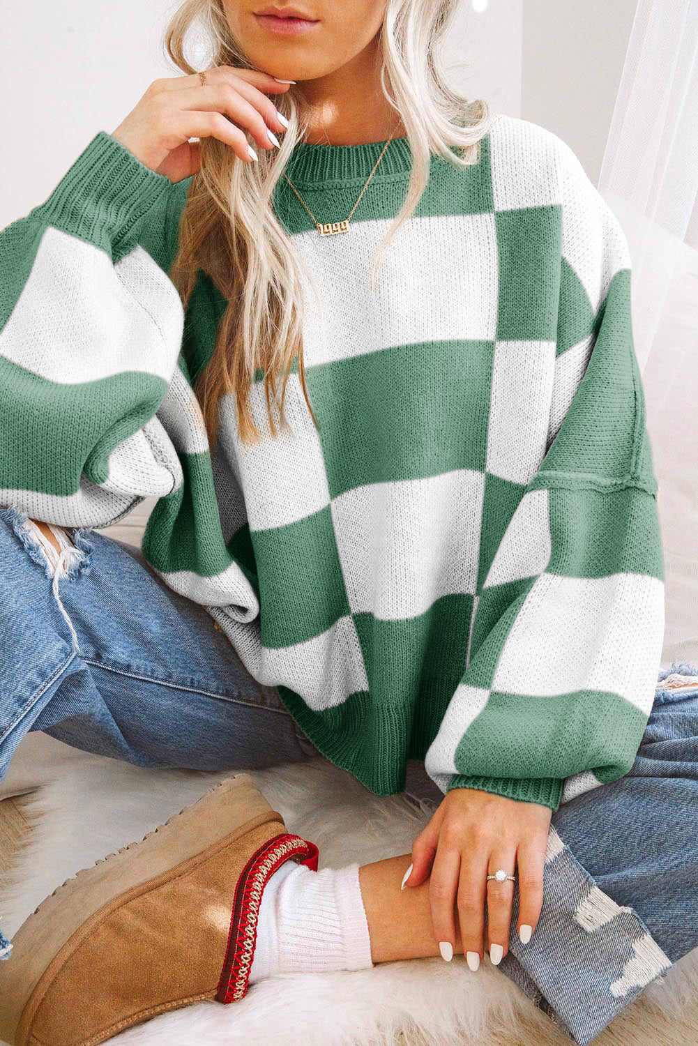 Stripe Checkered Bishop Sleeve Sweater