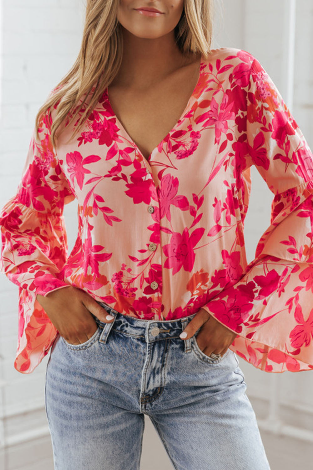 Floral Print Tiered Bell Long Sleeve Buttoned Bodysuit