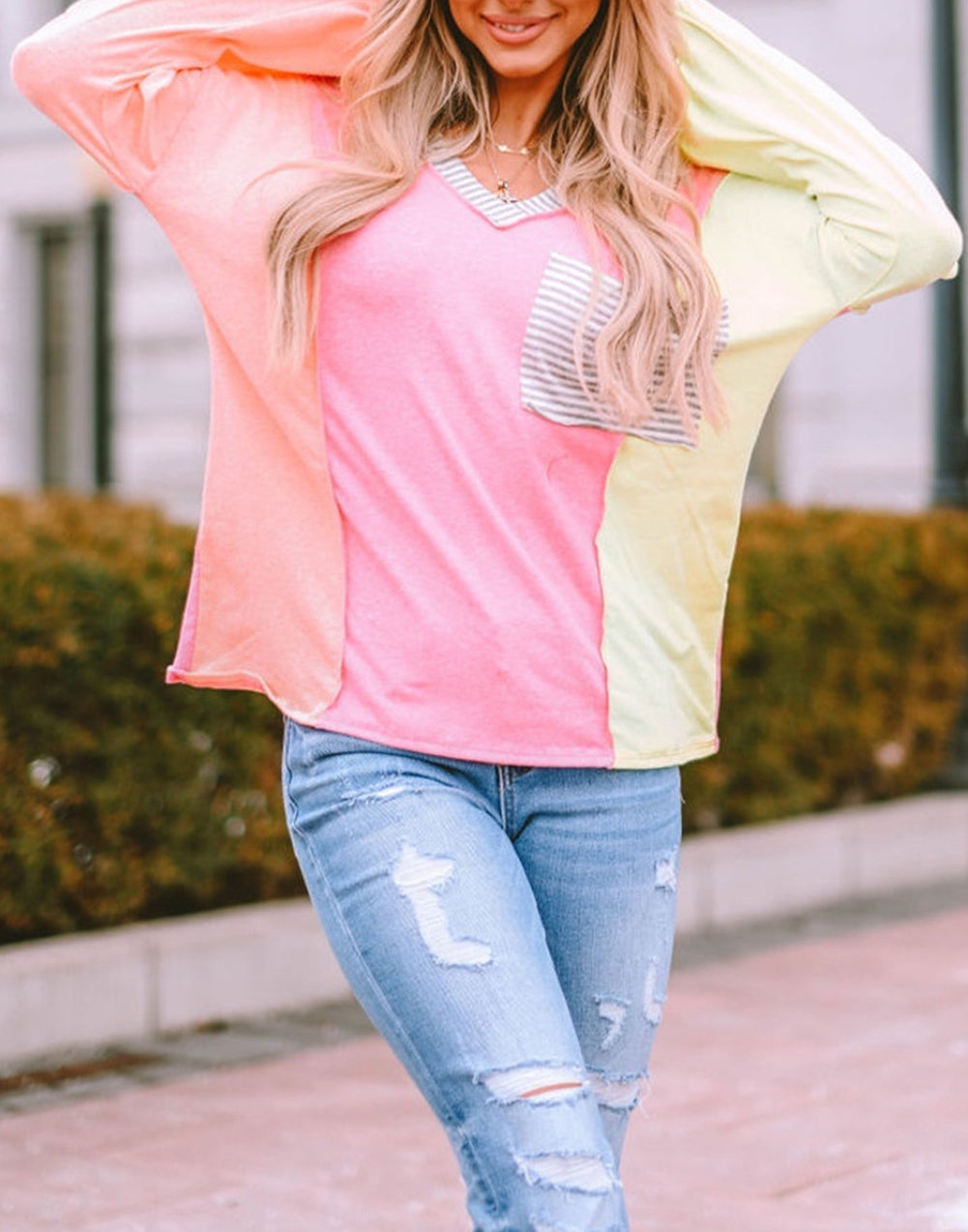 Striped Color Block Splicing Long Sleeve T Shirt