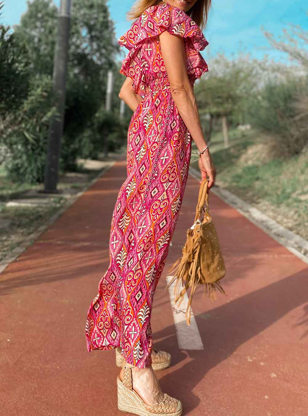 Printed V Neck Button Open Back Wide Leg Jumpsuit