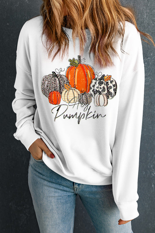 Rhinestone Pumpkin Graphic Crewneck Thanksgiving Sweatshirt