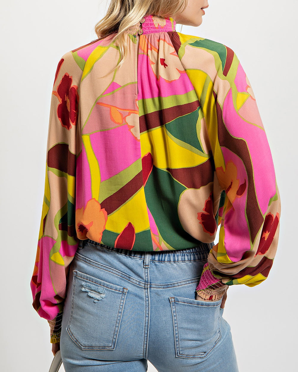 Floral Print Smocked Hem Stand Neck Blouse